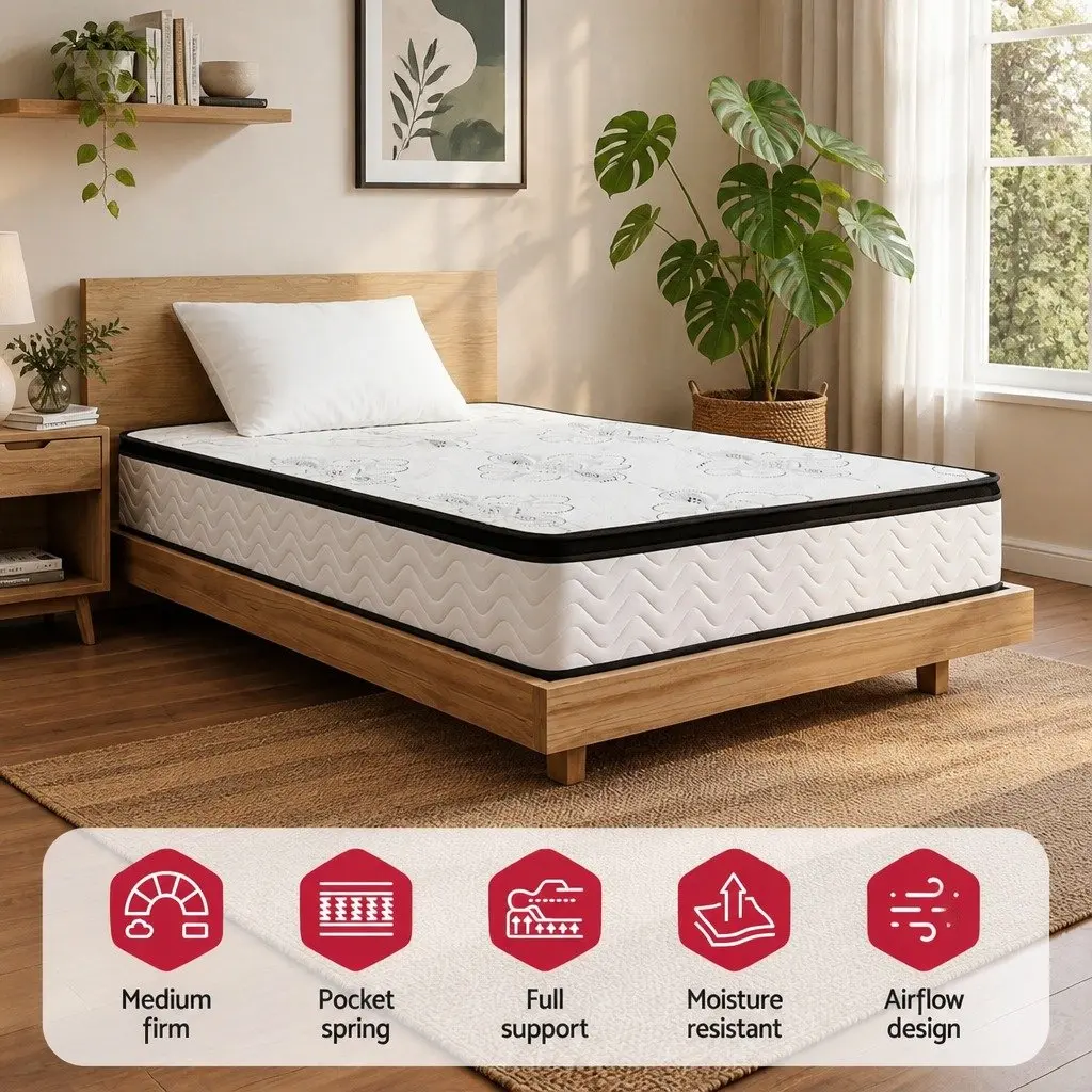 King Single Mattress Euro Top 30cm Pocket Spring Medium Firm Foam Breathable