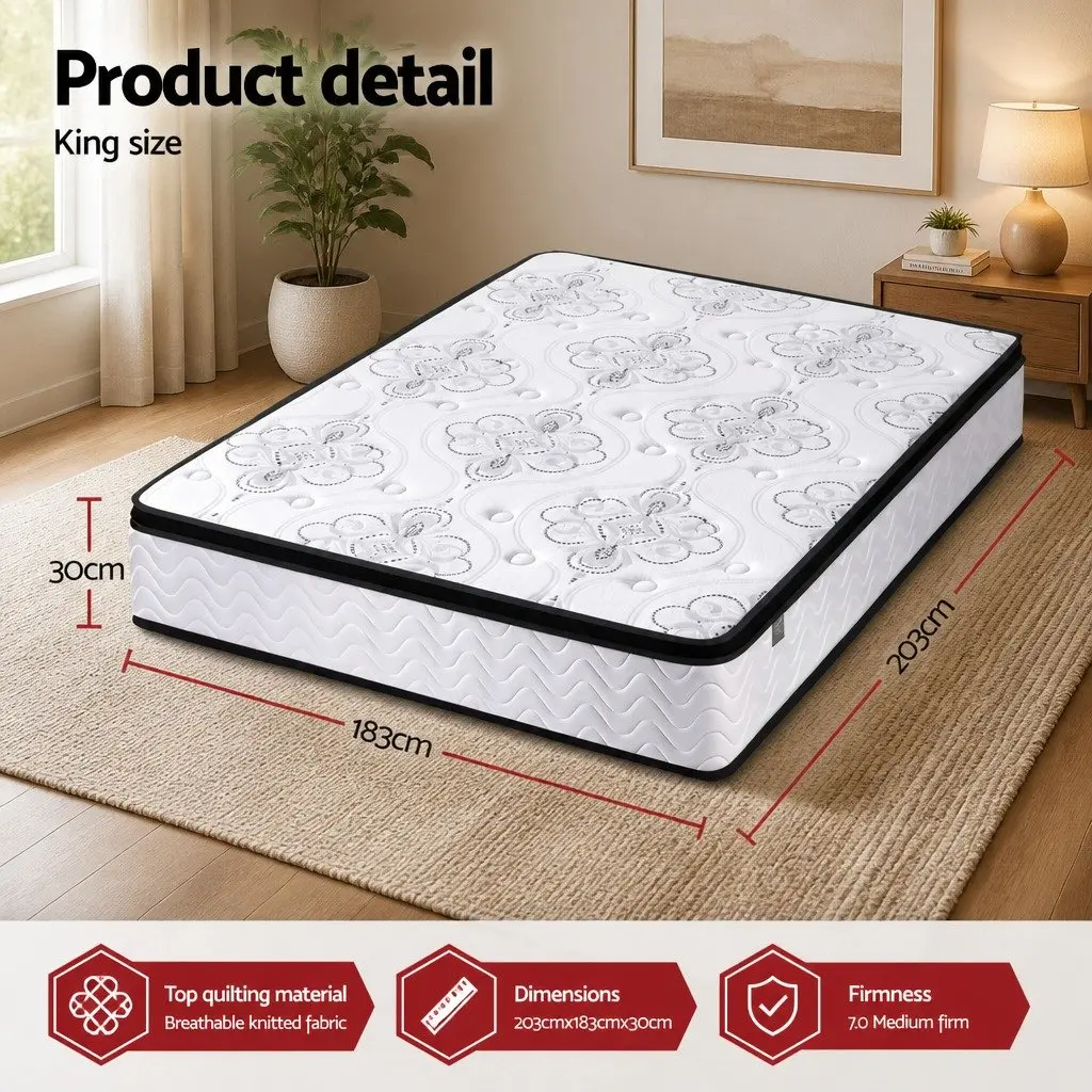 King Size Mattress Euro Top 30cm Pocket Spring Medium Firm Foam