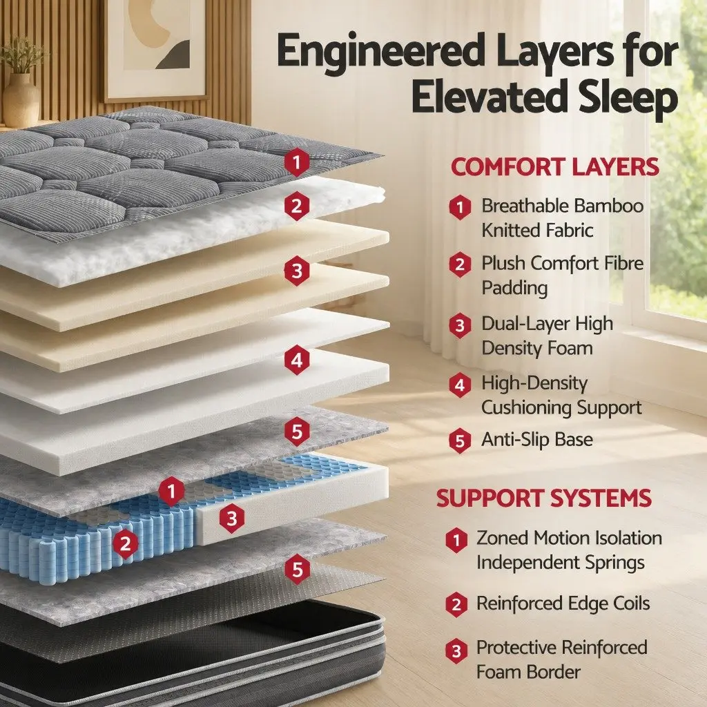 King Size Mattress Hybrid Pocket Spring Euro Top 35cm Grey Bamboo Knitted Fabric