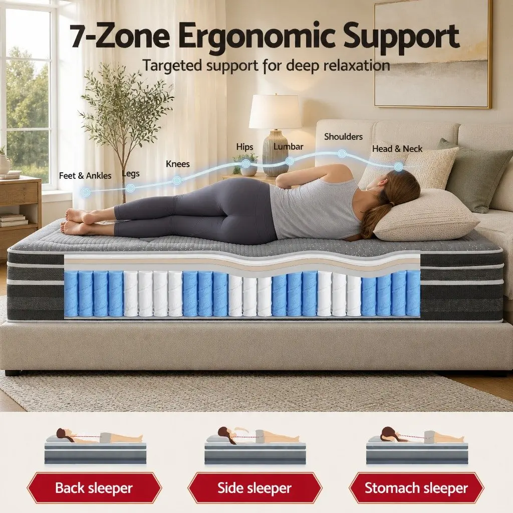 King Size Mattress Hybrid Pocket Spring Euro Top 35cm Grey Bamboo Knitted Fabric