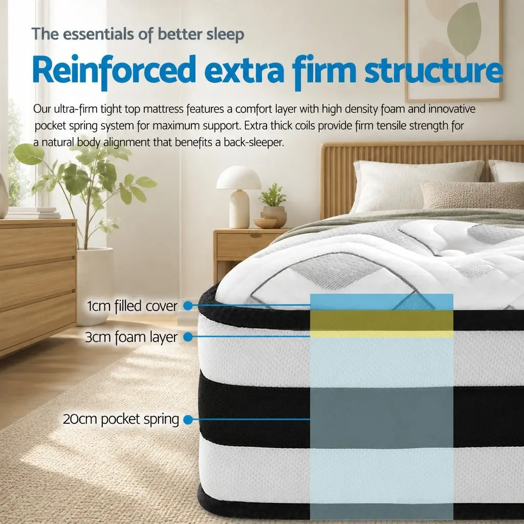 King Mattress Ultra Firm Pocket Spring Support 24cm Grey High Density Foam