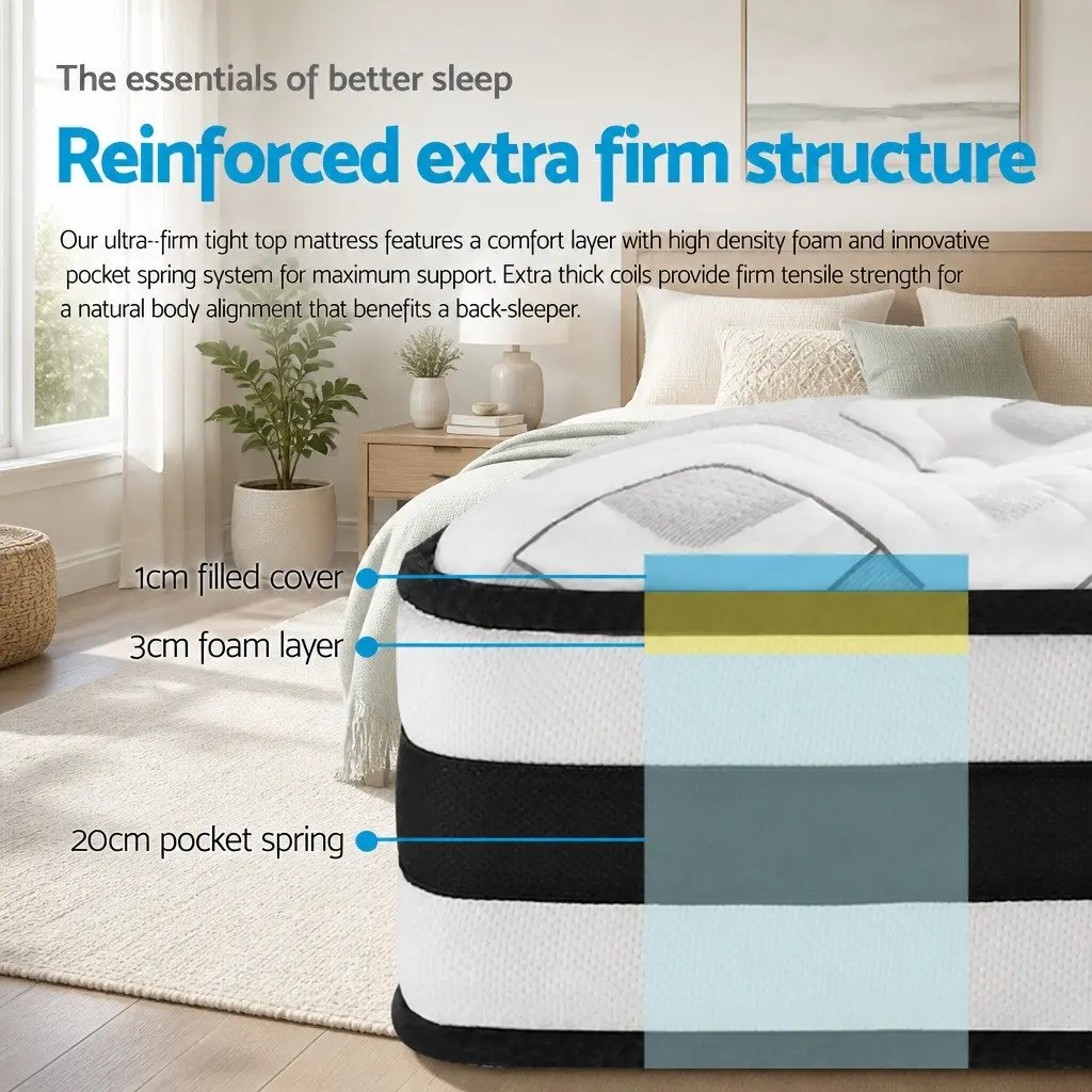 Queen Mattress Ultra Firm Tight Top 24cm Pocket Spring Grey High Density Foam