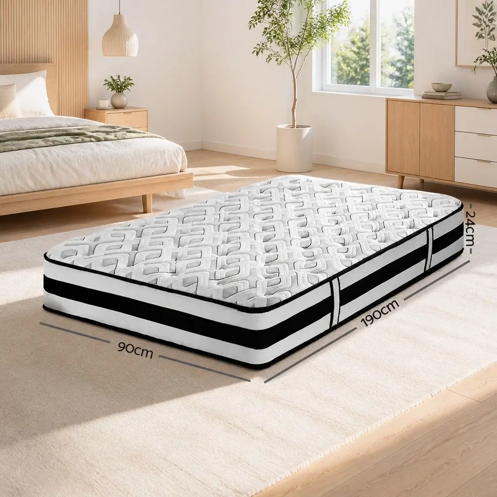 Single Mattress 24cm Ultra Firm Grey Tight Top Pocket Spring Support Sleep