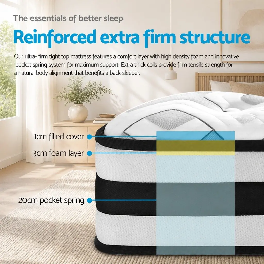 Single Mattress 24cm Ultra Firm Grey Tight Top Pocket Spring Support Sleep