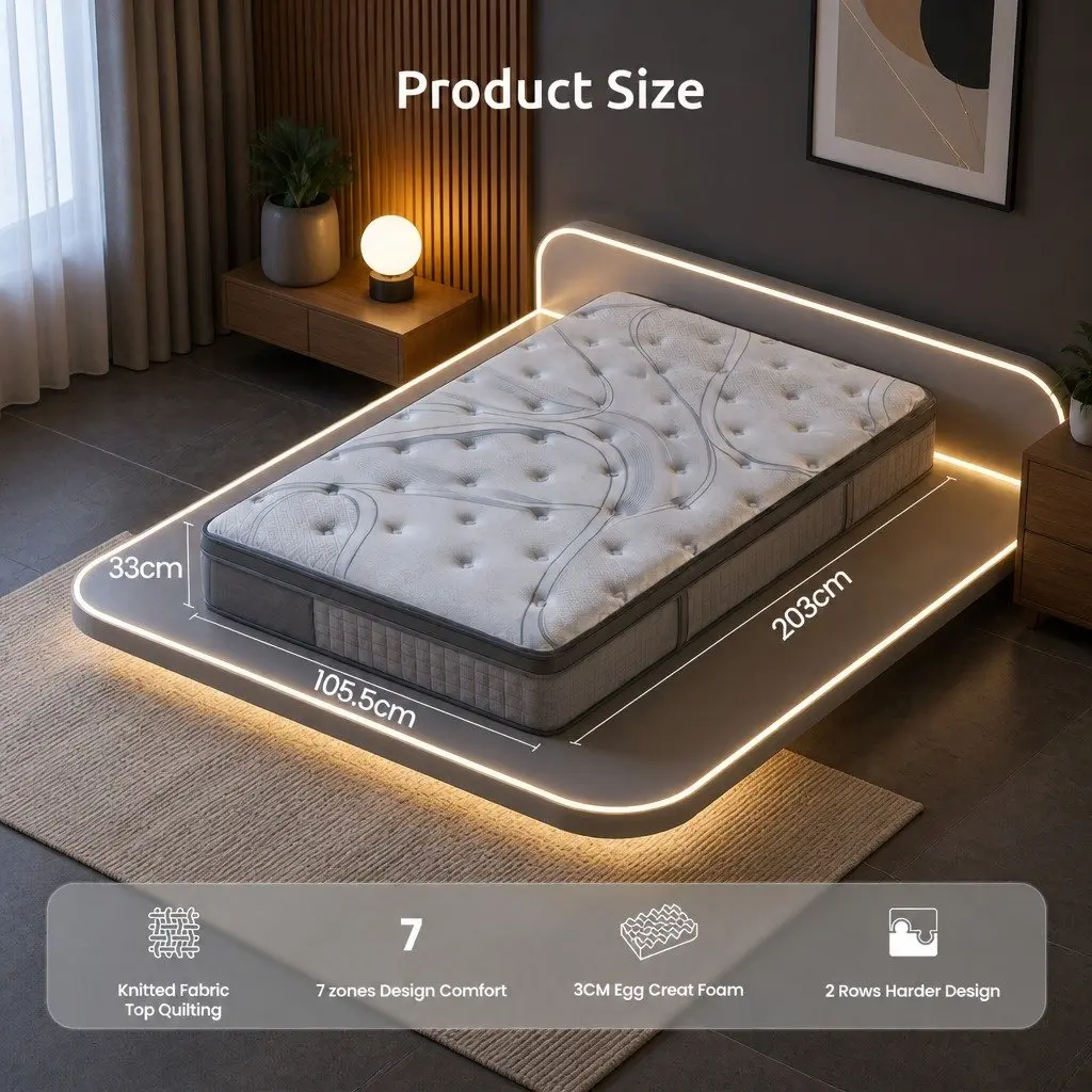 King Single Mattress 33cm 7-Zone Pocket Spring Extra Firm