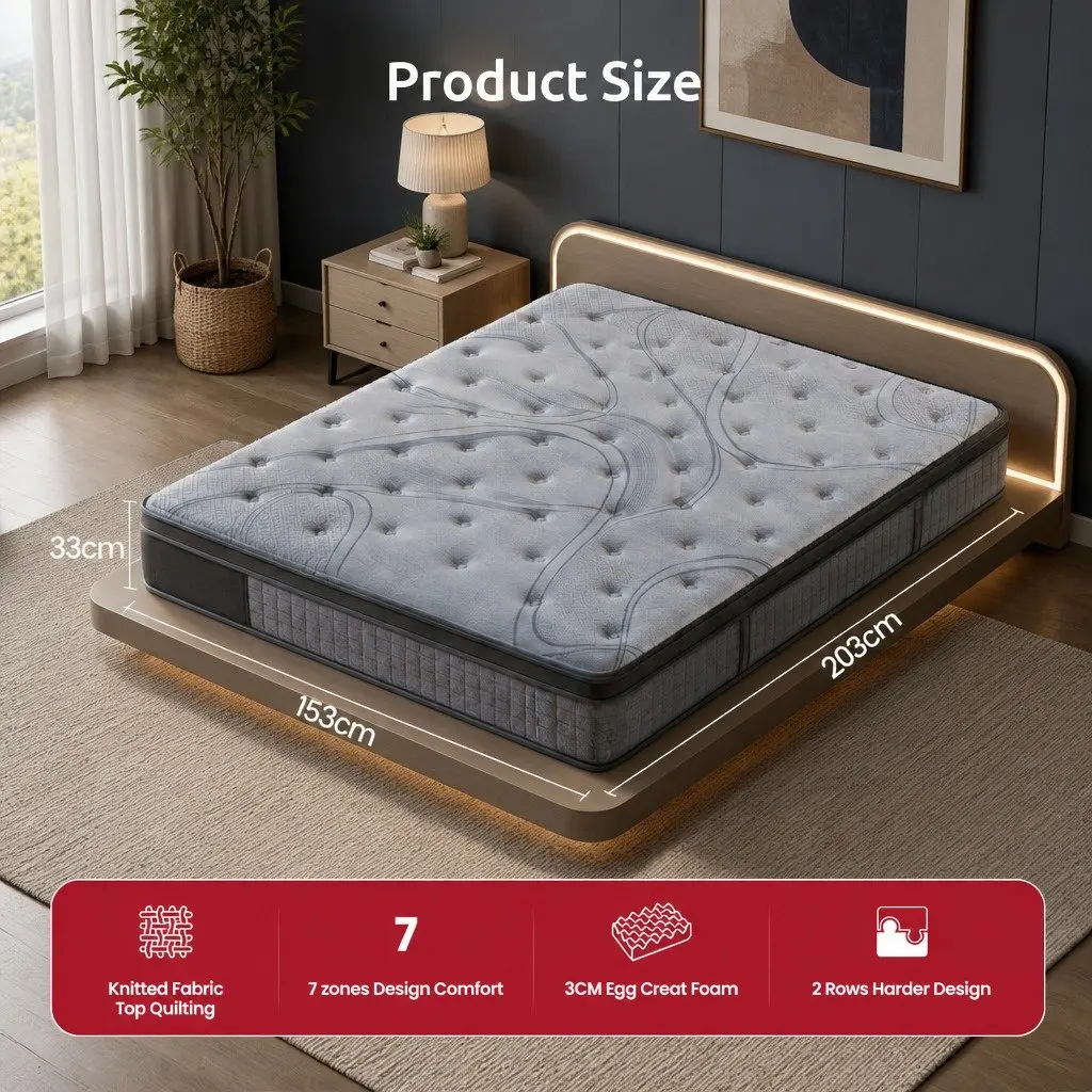 Queen Mattress Extra Firm Support 33cm 7-Zone Pocket Spring Knitted Fabric Cover
