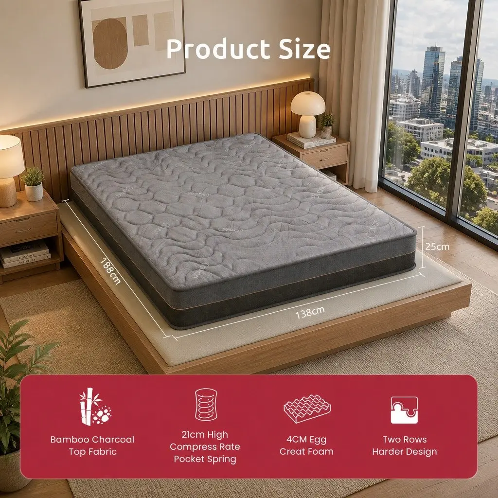 Double Mattress 25cm Hybrid Pocket Spring with Charcoal Fabric