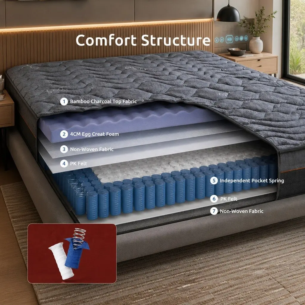 Double Mattress 25cm Hybrid Pocket Spring with Charcoal Fabric