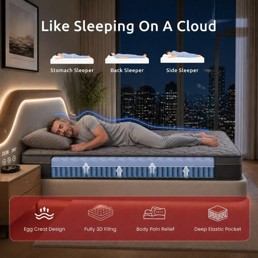25cmKingSizeMattresswithHybridPocketSpringandEggCrateFoaminBambooCharcoalforComfortableSleep