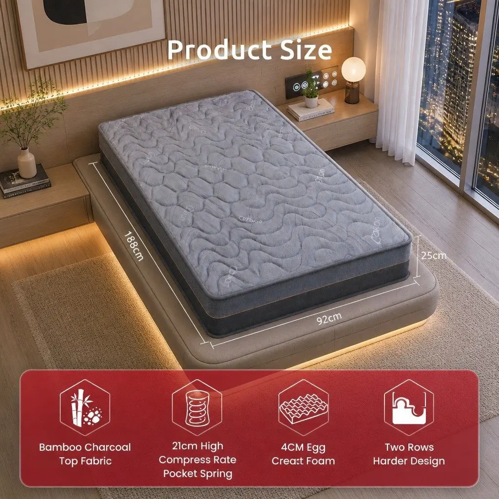 Single Mattress Hybrid Pocket Spring 25cm Egg Crate Foam Bamboo Charcoal Fabric