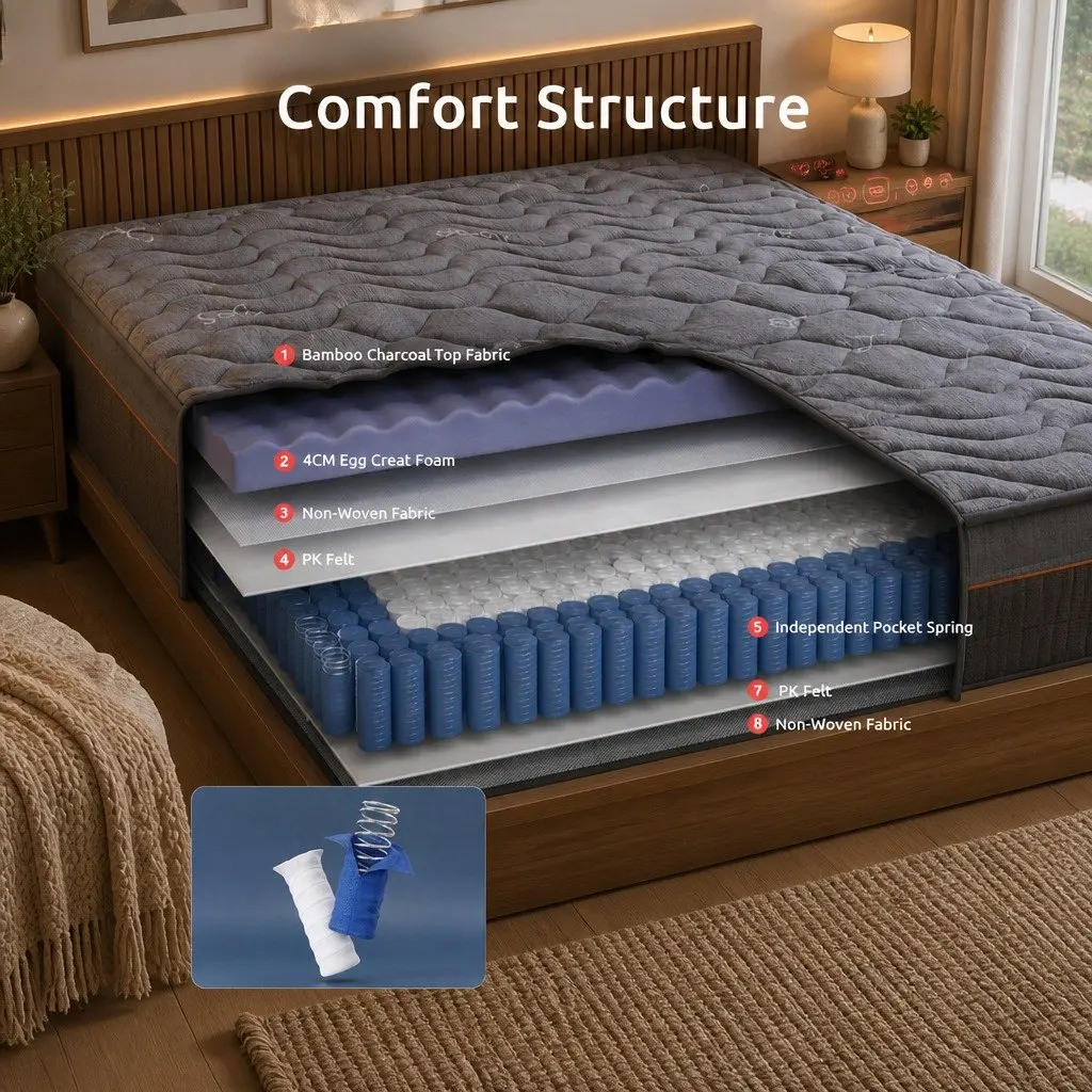 Single Mattress Hybrid Pocket Spring 25cm Egg Crate Foam Bamboo Charcoal Fabric