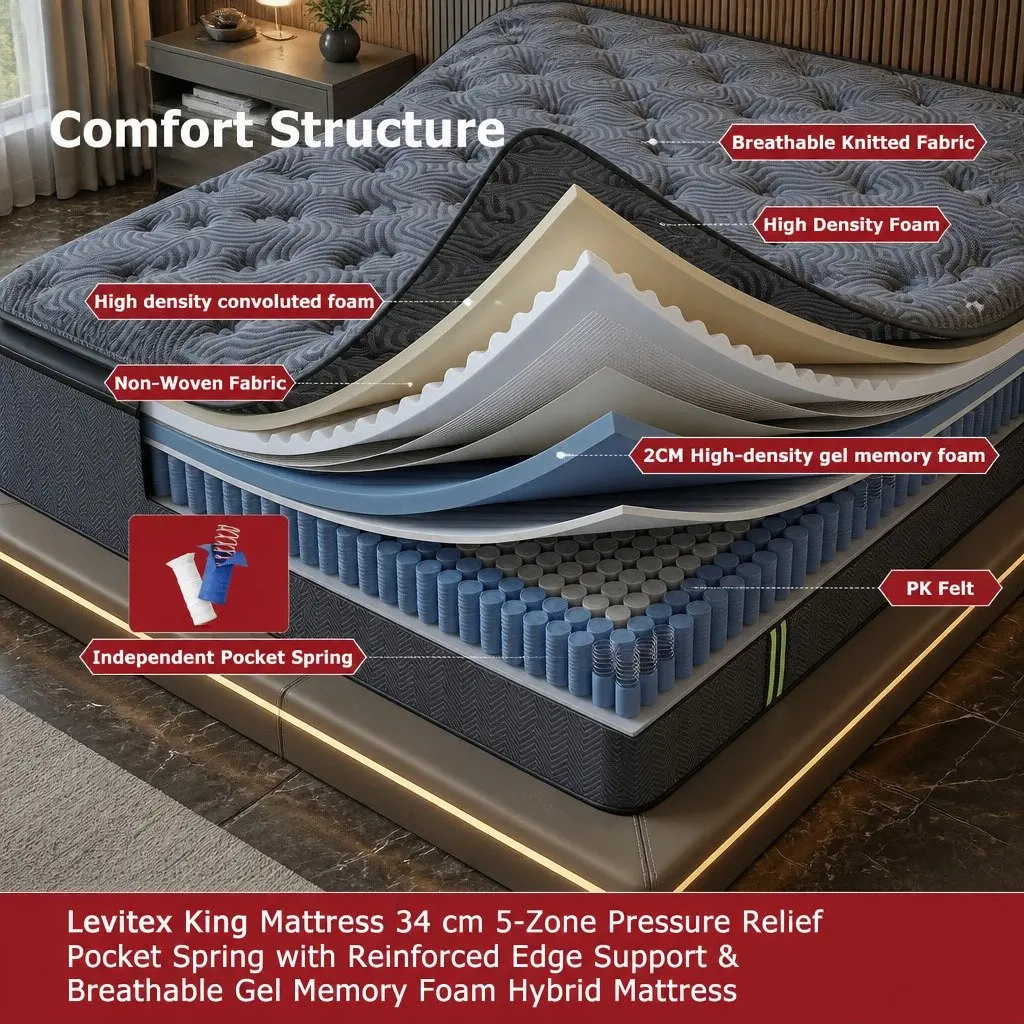 Hybrid Pocket Spring Gel Memory Foam King Mattress 34cm