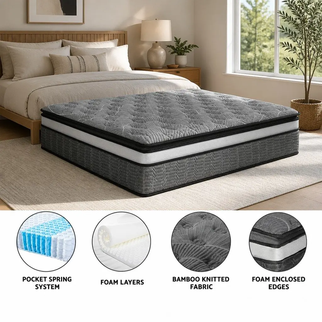 King Size Mattress Bamboo Fabric Medium Firm 34cm Double Layer Pocket Spring