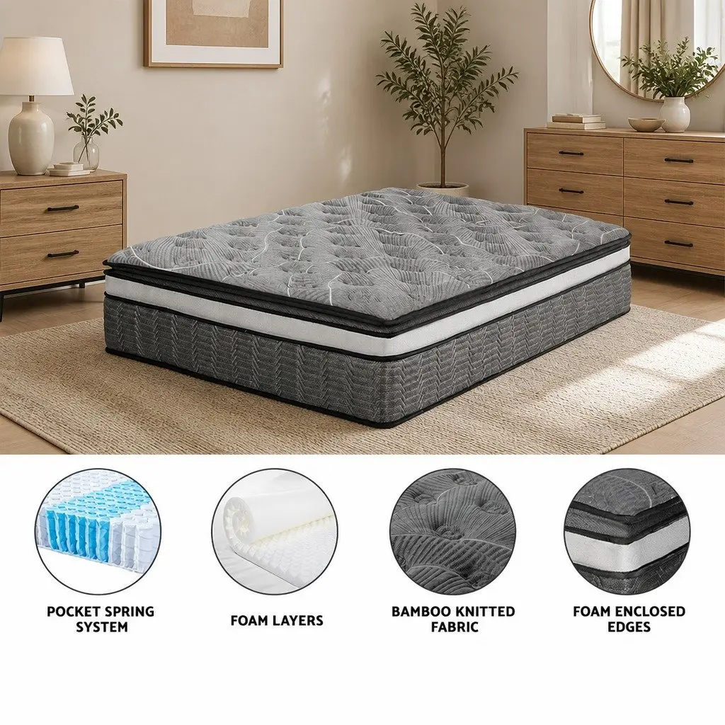 Queen Mattress Medium Firm 34cm Double Layer Pocket Spring Bamboo Knitted Top