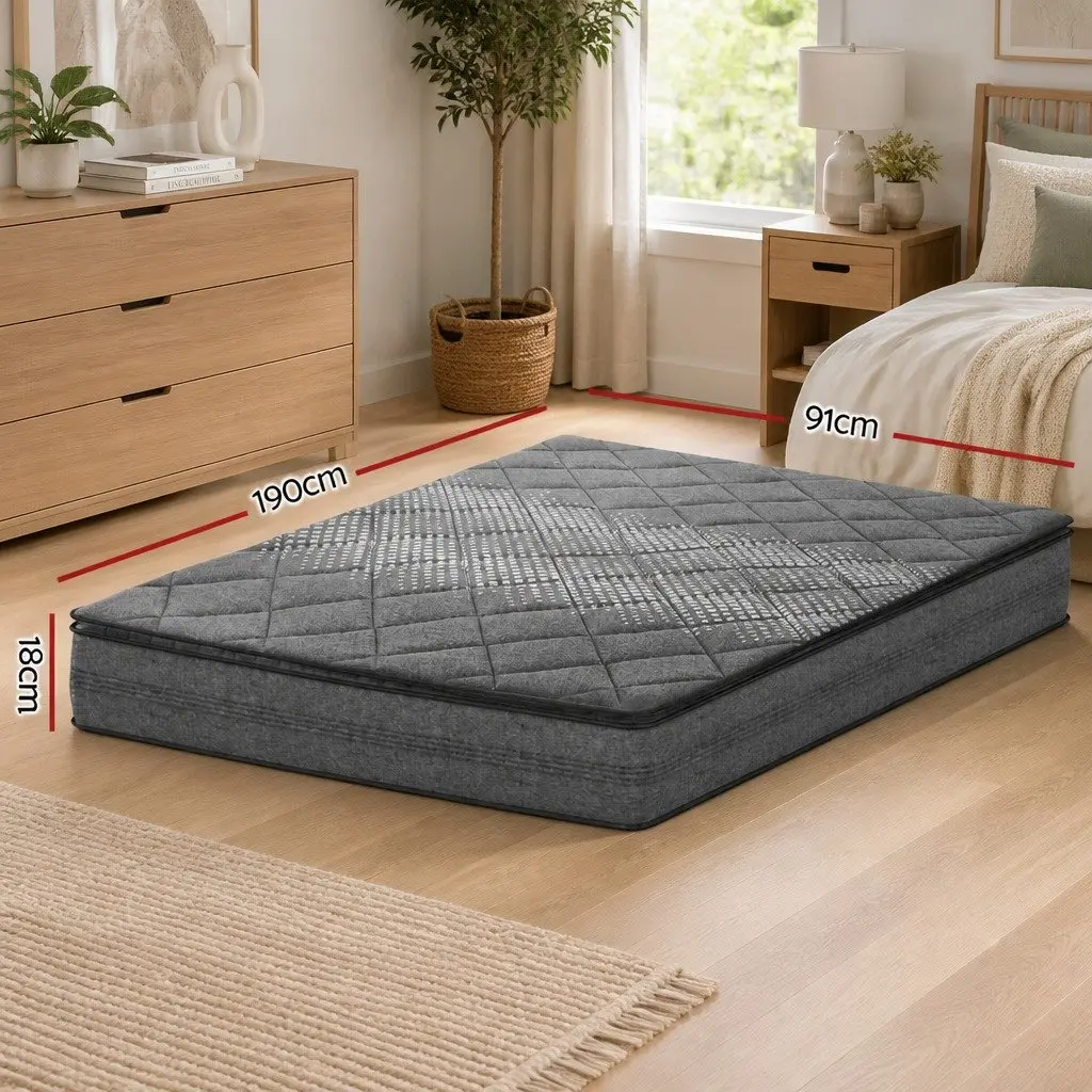 Single Mattress Grey 18cm Quilted Medium Firm Pillow Top Coil Support
