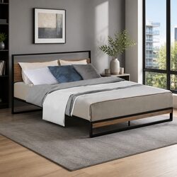 Industrial-Style Double Metal Bed Frame with Wood Accents