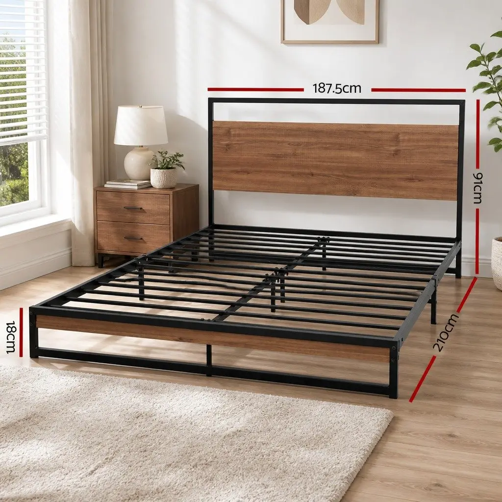 King Size Metal Bed Frame Industrial Design Steel MDF Slat Support Black