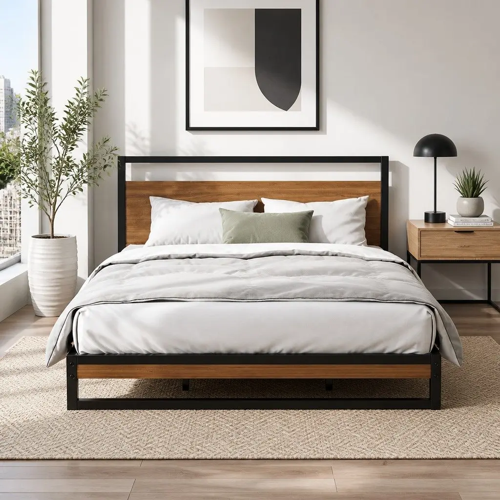 King Size Metal Bed Frame Industrial Design Steel MDF Slat Support Black