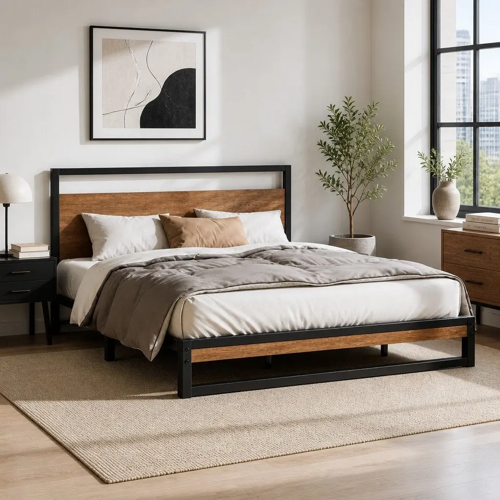 King Size Metal Bed Frame Industrial Design Steel MDF Slat Support Black