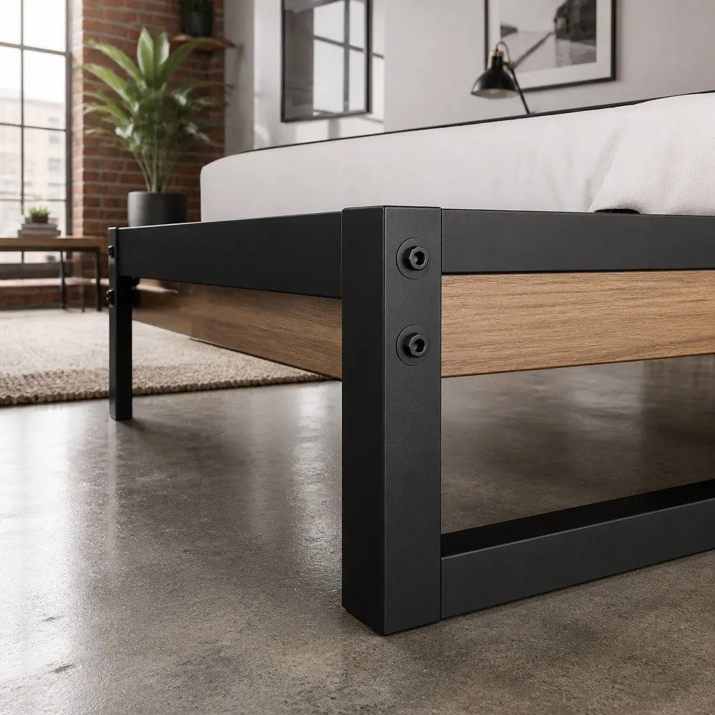 King Single Bed Frame Industrial Metal Wood Design Black Bedroom Furniture