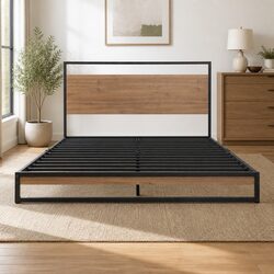 Stylish Queen Size Bed Frame in Black Metal and Wood