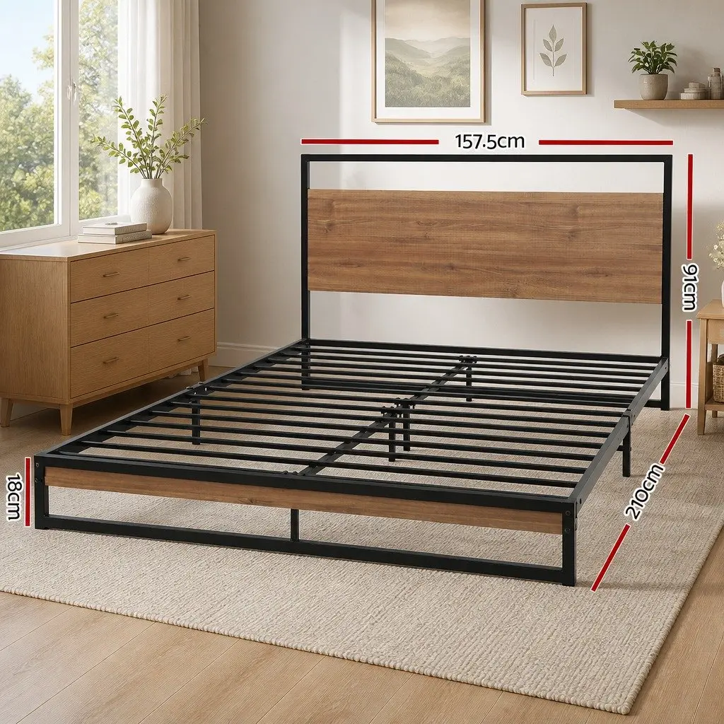 Queen Size Bed Frame in Black Metal and Wood