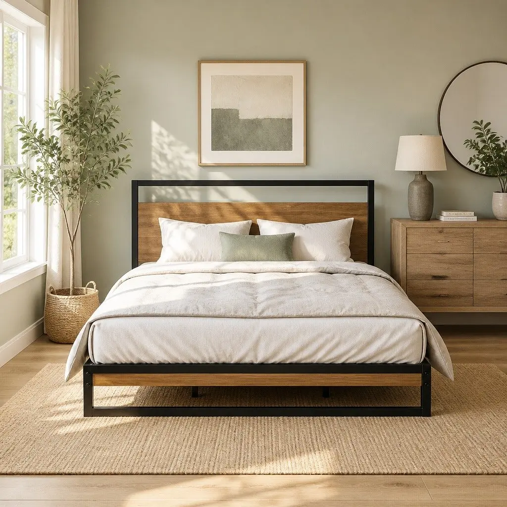 Queen Size Bed Frame in Black Metal and Wood