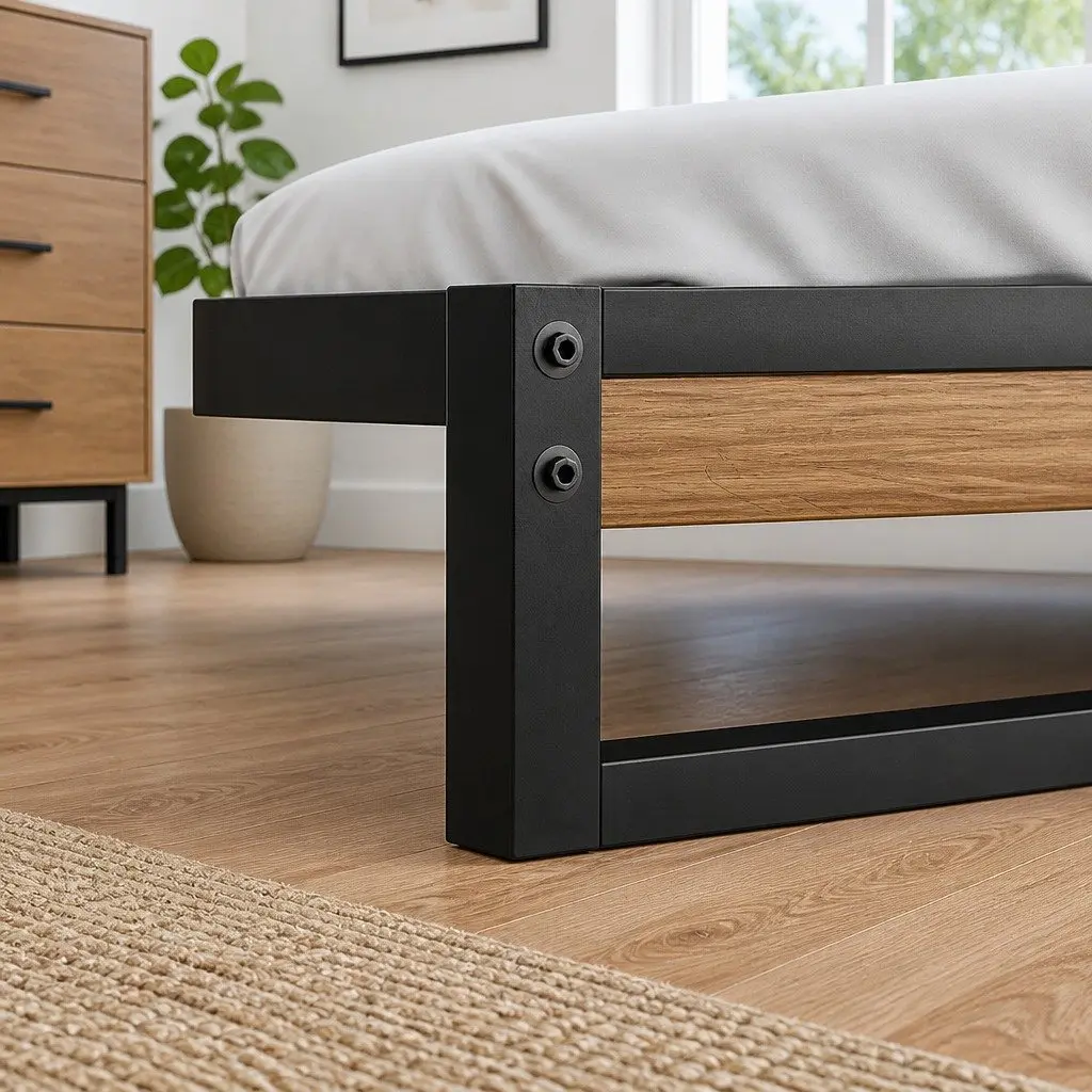 Queen Size Bed Frame in Black Metal and Wood