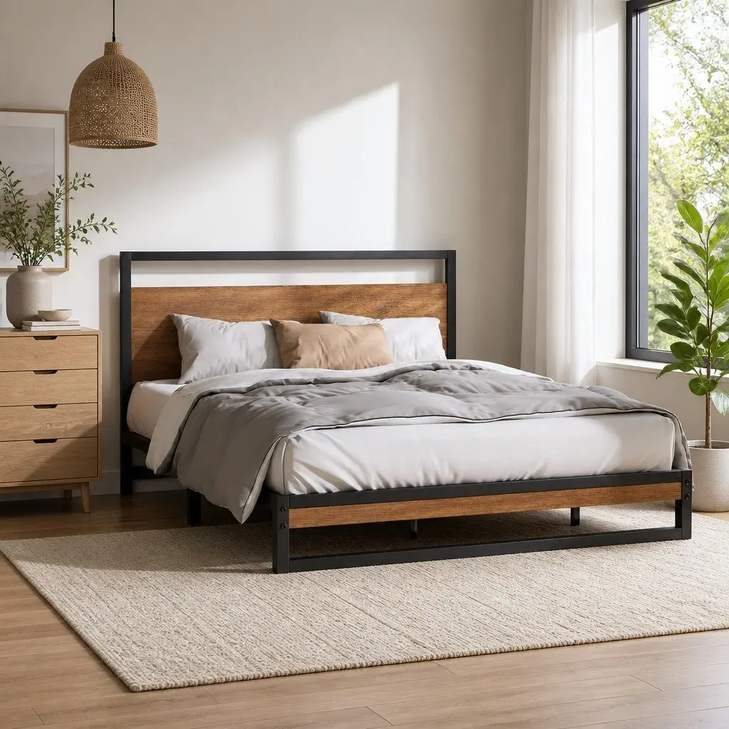 Queen Size Bed Frame in Black Metal and Wood