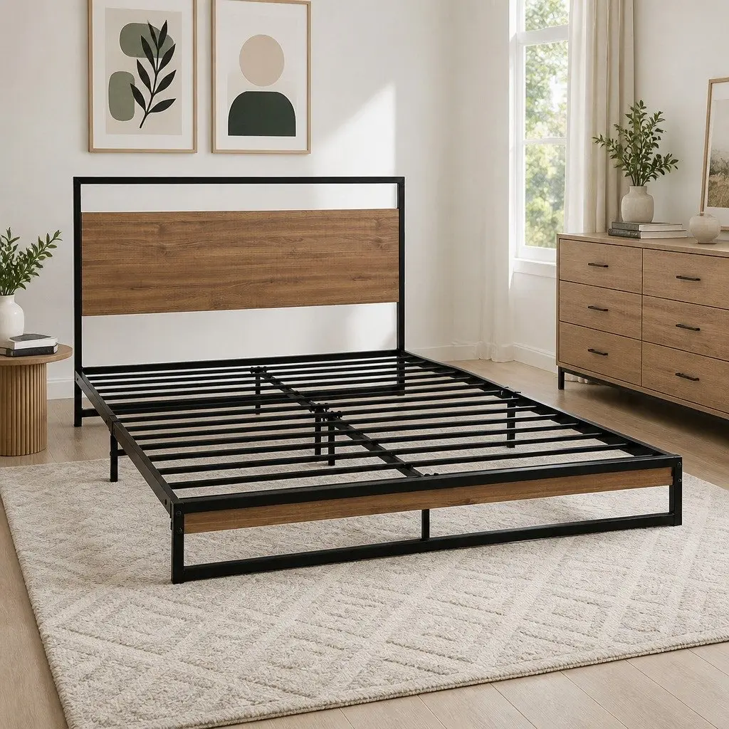 Queen Size Bed Frame in Black Metal and Wood