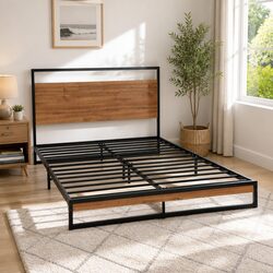Sturdy Single Metal Bed Frame in Black with Wood Accents