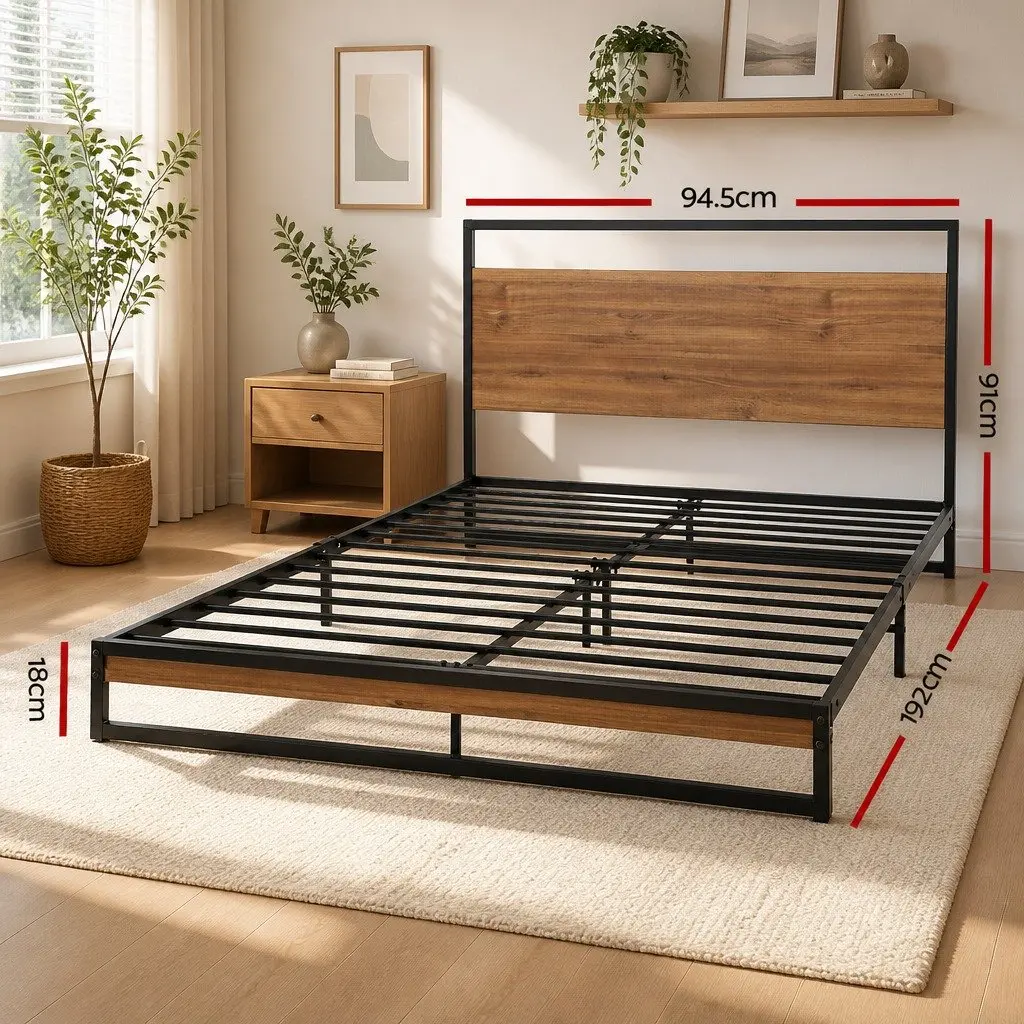 Single Metal Bed Frame in Black with Wood Accents