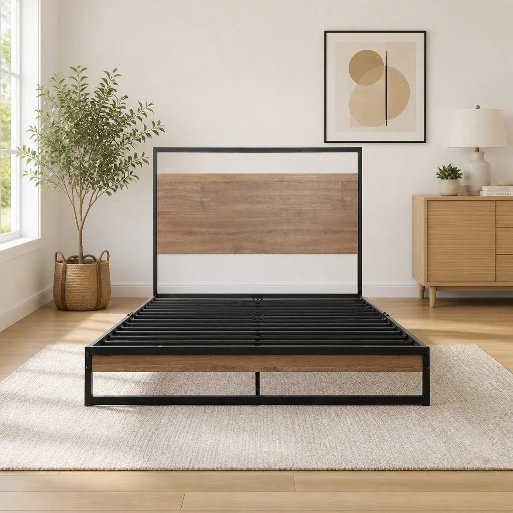 Single Metal Bed Frame in Black with Wood Accents