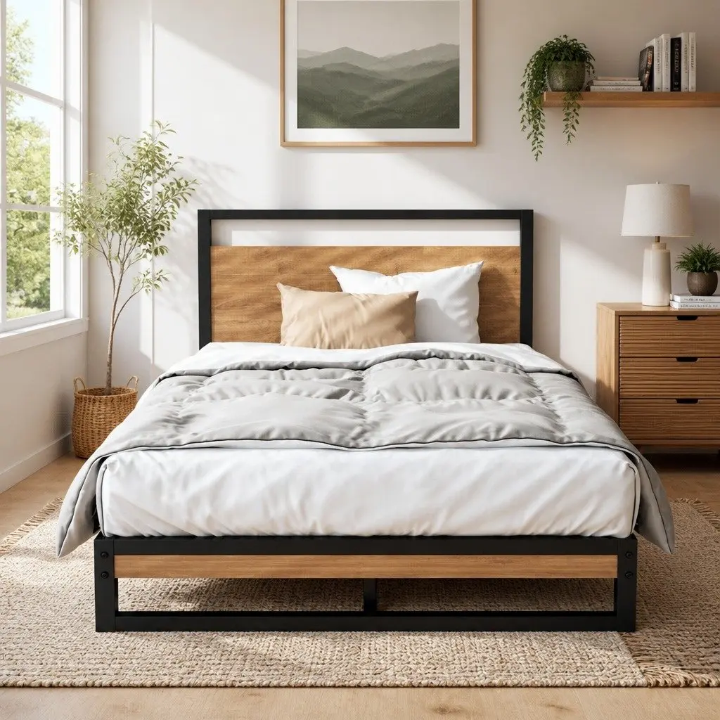 Single Metal Bed Frame in Black with Wood Accents