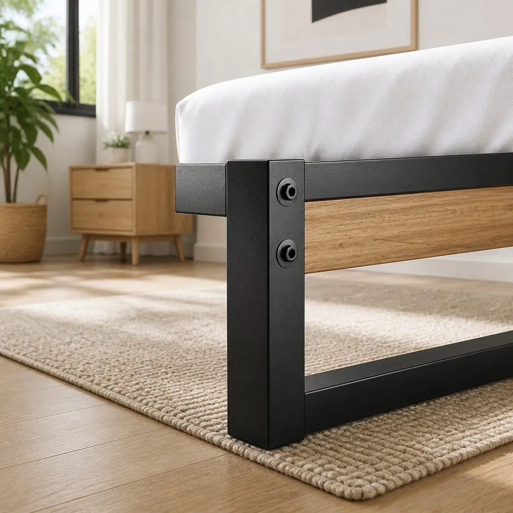Single Metal Bed Frame in Black with Wood Accents