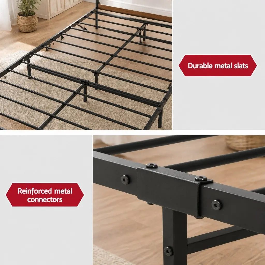 Single Metal Bed Frame in Black with Wood Accents