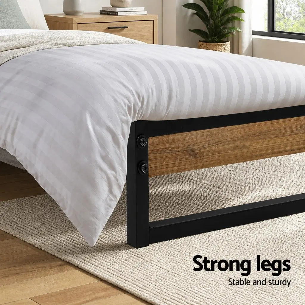 Single Metal Bed Frame in Black with Wood Accents