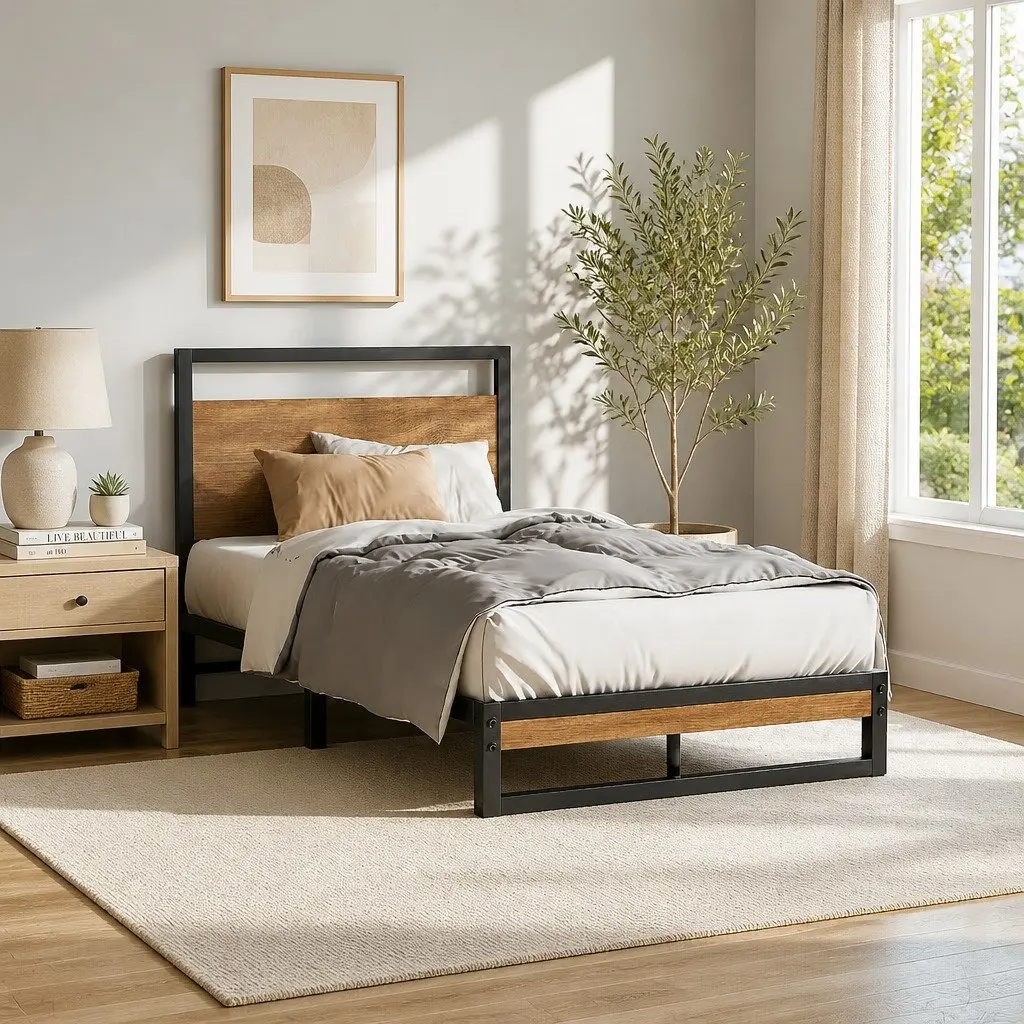 Single Metal Bed Frame in Black with Wood Accents