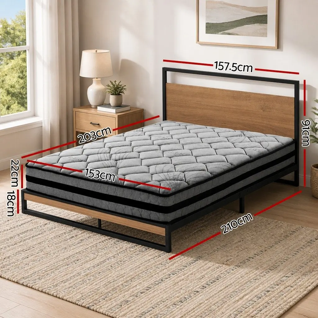Queen Size Bed Frame Industrial Metal and Wood with Pocket Spring Mattress 22cm Thick Medium Firmness