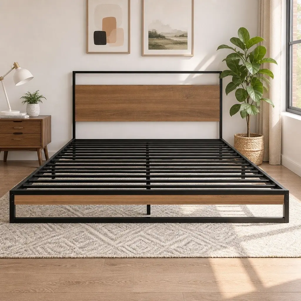 Queen Size Bed Frame Industrial Metal and Wood with Pocket Spring Mattress 22cm Thick Medium Firmness