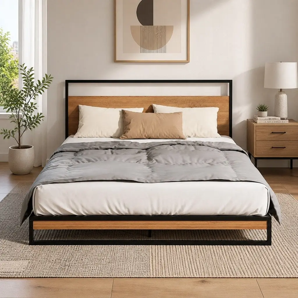 Queen Size Bed Frame Industrial Metal and Wood with Pocket Spring Mattress 22cm Thick Medium Firmness