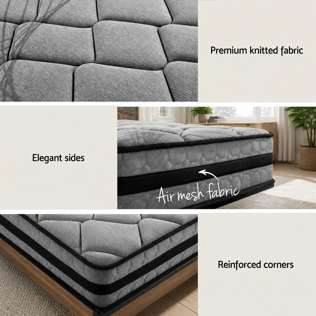 Queen Size Bed Frame Industrial Metal and Wood with Pocket Spring Mattress 22cm Thick Medium Firmness
