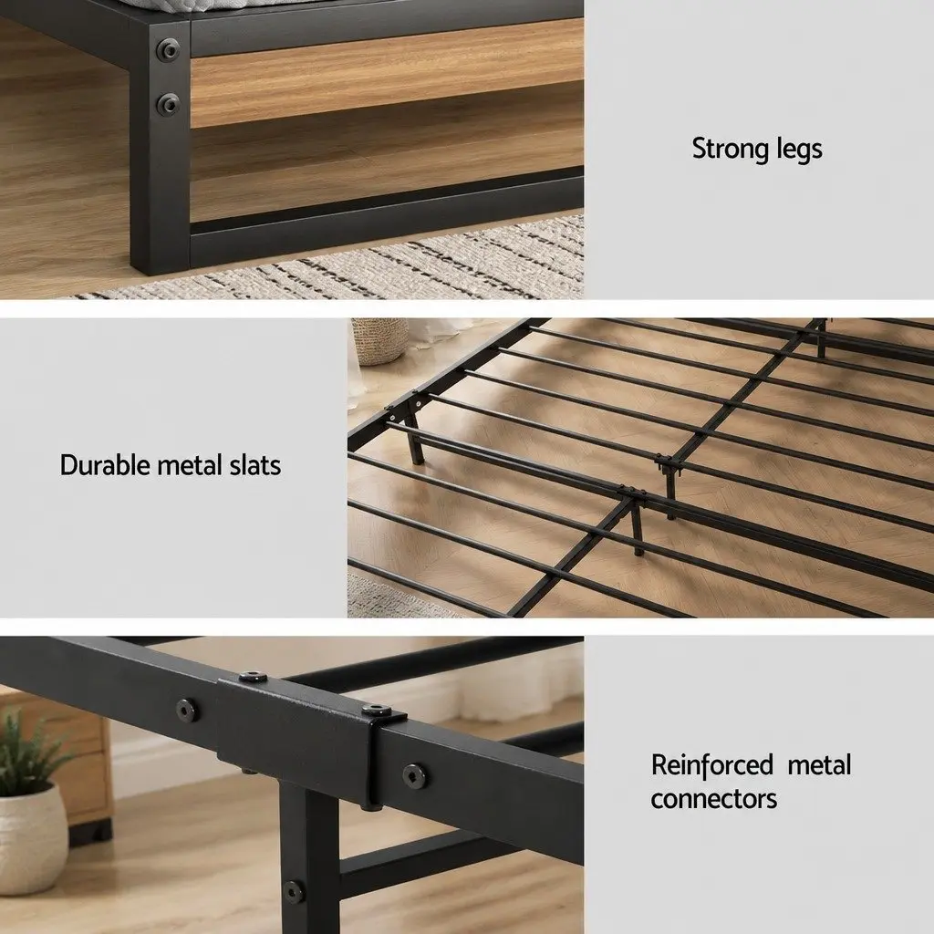 Queen Size Bed Frame Industrial Metal and Wood with Pocket Spring Mattress 22cm Thick Medium Firmness