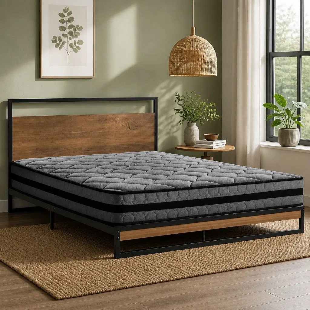 Queen Size Bed Frame Industrial Metal and Wood with Pocket Spring Mattress 22cm Thick Medium Firmness