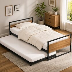 Industrial Style Metal Trundle Daybed Frame in Black