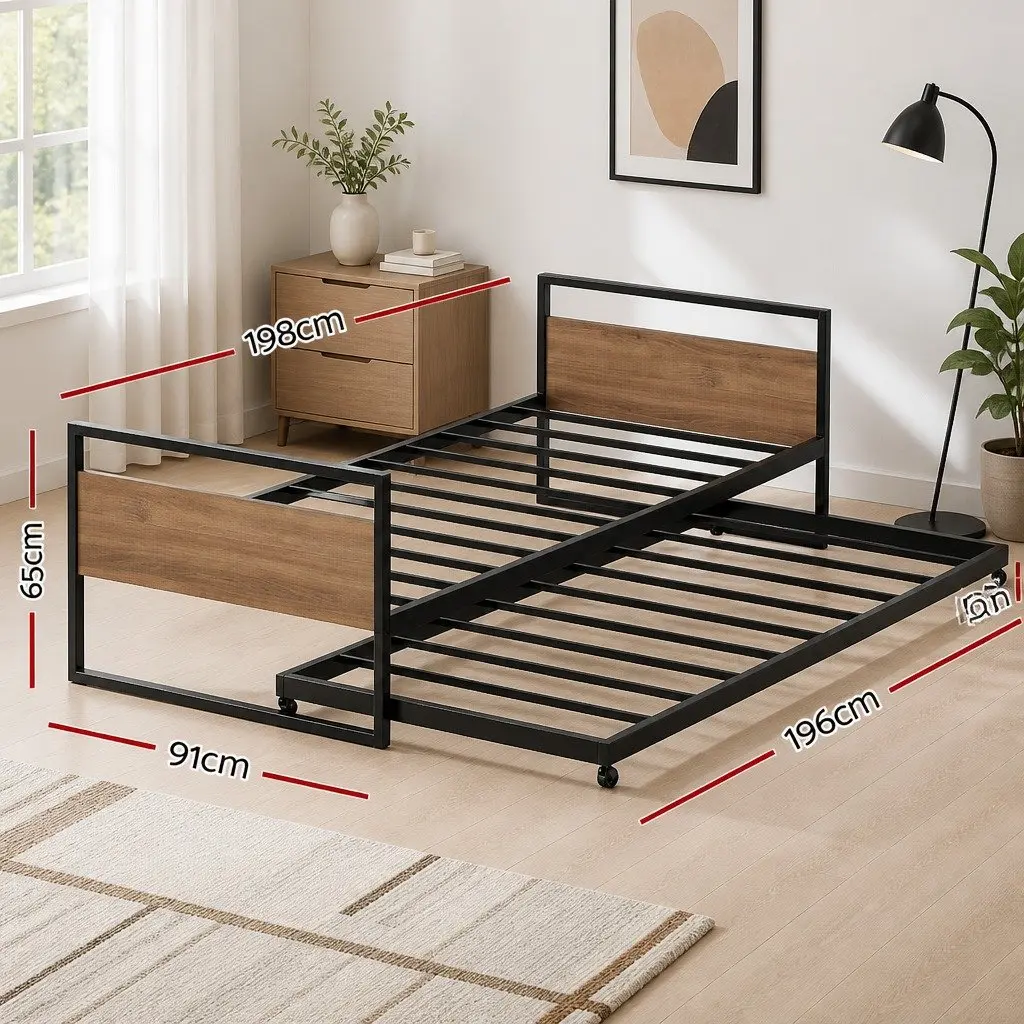 Metal Trundle Daybed Frame Industrial Style Single Size Black Steel and MDF