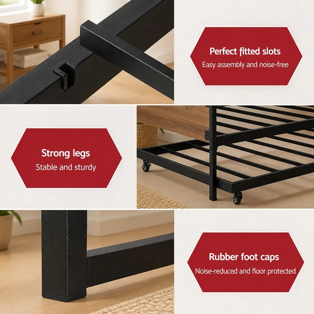 Metal Trundle Daybed Frame Industrial Style Single Size Black Steel and MDF