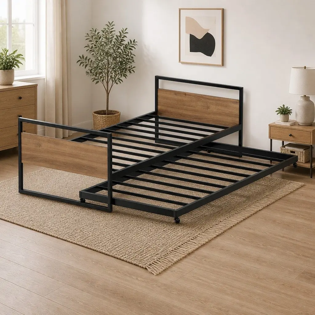 Metal Trundle Daybed Frame Industrial Style Single Size Black Steel and MDF
