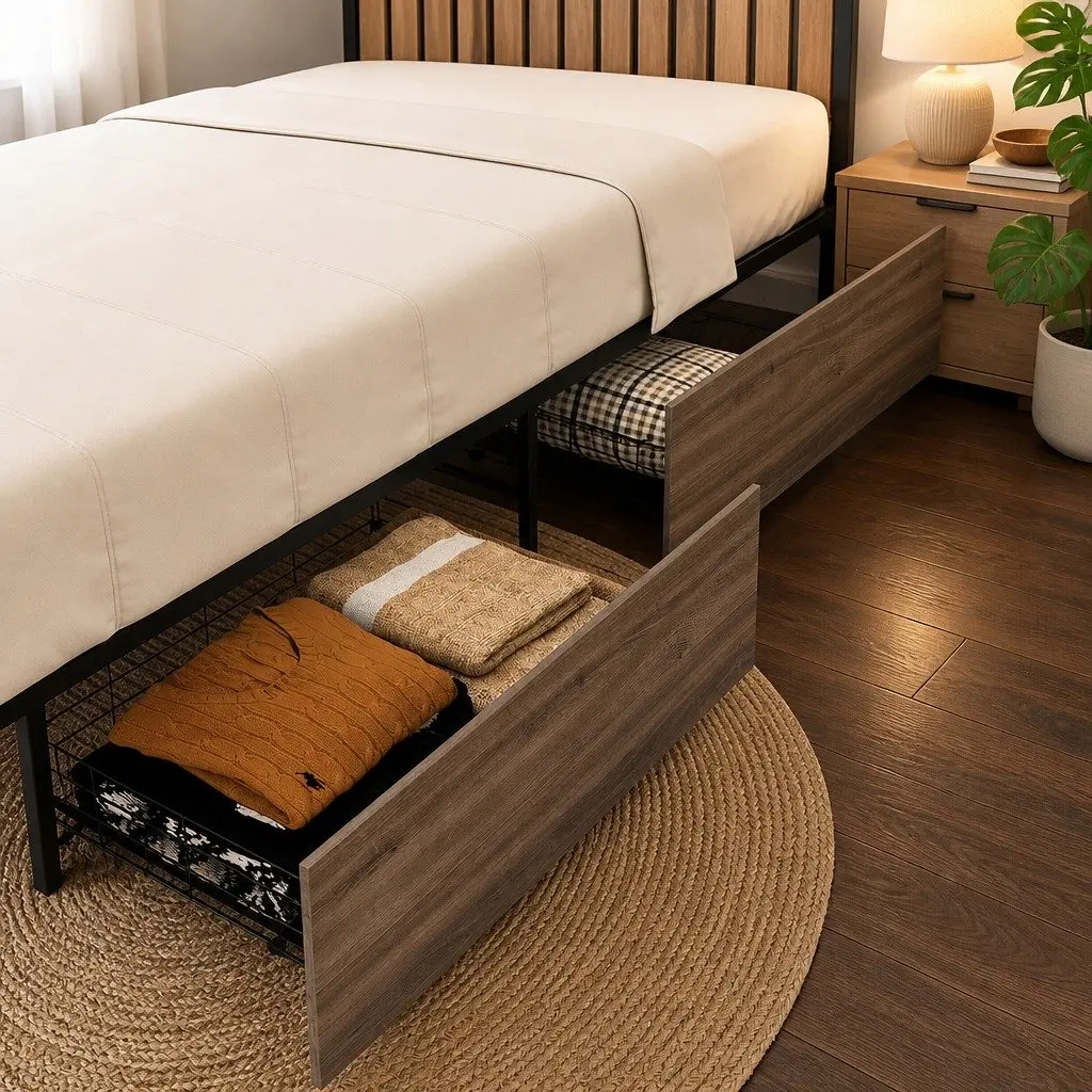 Metal Trundle Drawers Under Bed Organiser Walnut Black 2 Piece Metal Frame MDF Board