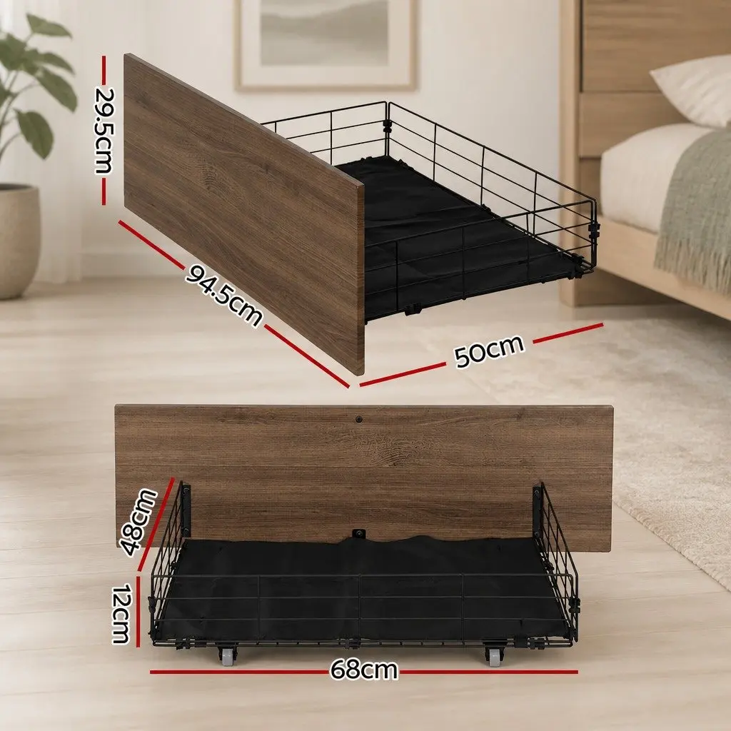 Metal Trundle Drawers Under Bed Organiser Walnut Black 2 Piece Metal Frame MDF Board
